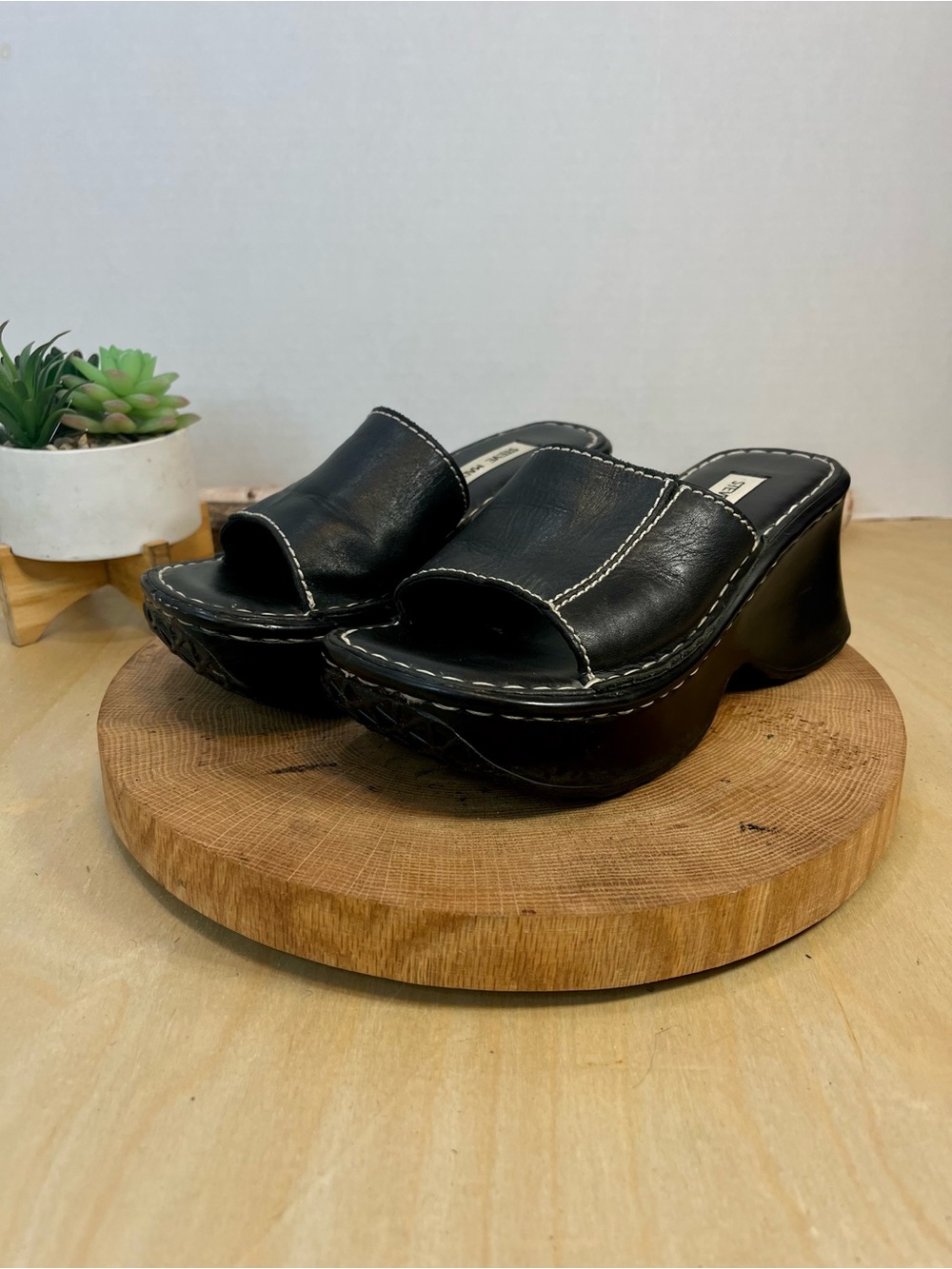 Steve Madden Vintage Ignite Platform Wedge Slides - Black Leather - Size 6.5B - Picture 9 of 16